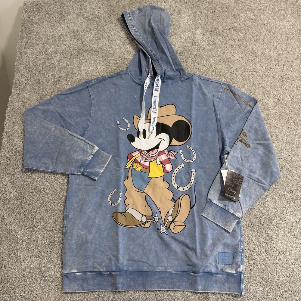 Loungefly Disney Western Mickey Mouse Unisex Hoodie Sz L Blue Cowboy Sweatshirt